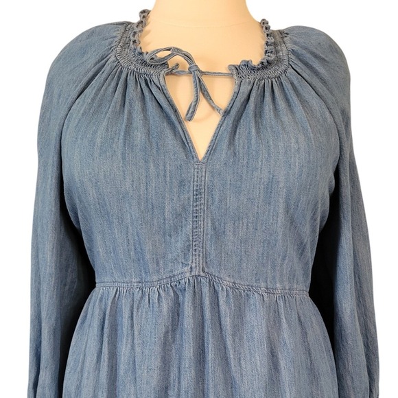 Old Navy XXL Blue Chambray Long Sleeve Tie Neck Smocked Mini Dress Pockets - Picture 2 of 7